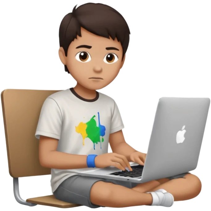 boy working in Macbook, he is graphic designer and paint artist, he seats facing me, and hair dark brown color emoji