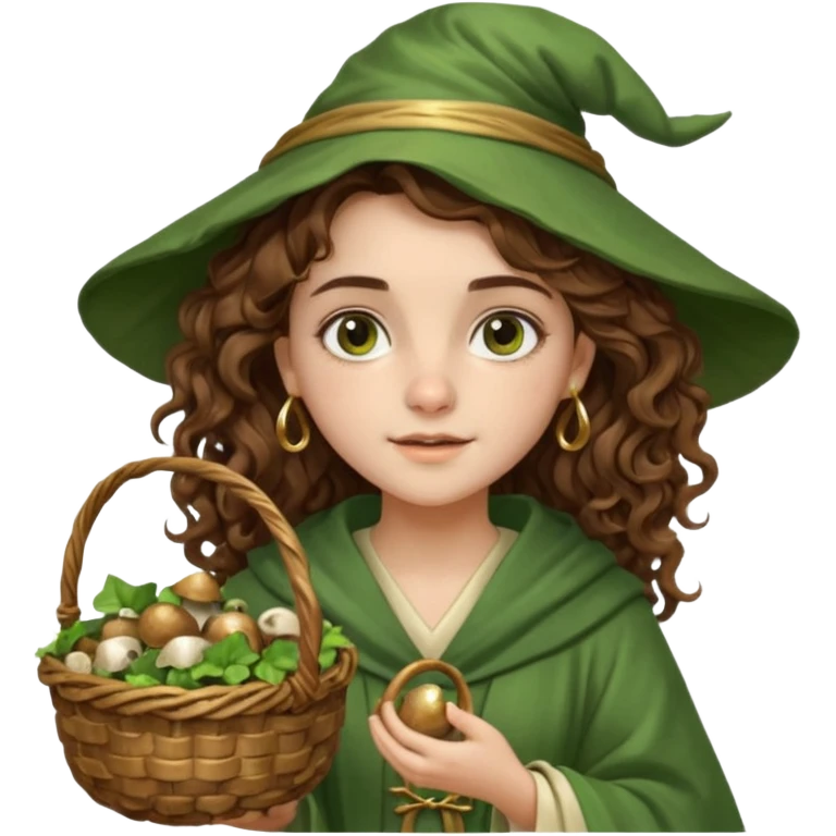 very beautiful italian girl, looking like Emma Watson, with curly and big volume very bright brown hair, and a golden piercing ring in nose on left side, dressed in a beautiful wizard robe of green colors, with basket of mushrooms emoji
