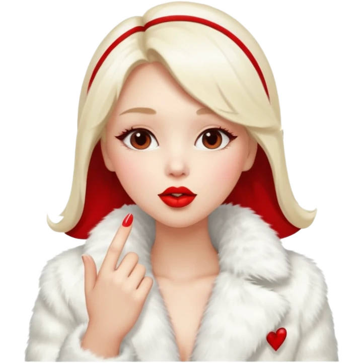 A beautiful, cute girl with red lipstick on her lips in a white fur coat,  in full view, blowing a kiss. emoji