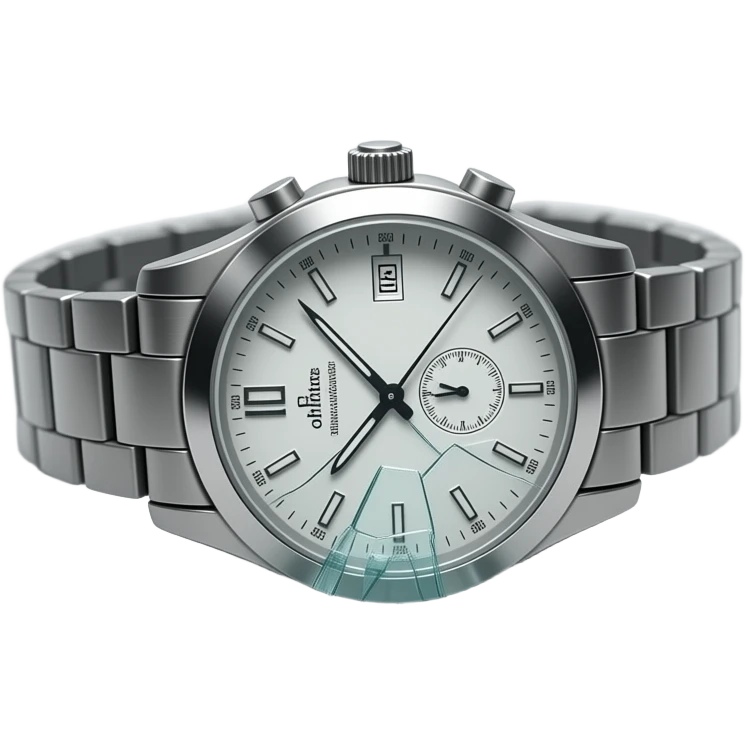 A wristwatch fallen on the ground with its glass cracked and slightly shattered. The strap is twisted, small glass fragments scattered nearby. Subtle scratches on the surface, suggesting impact. Soft dramatic lighting, no people, clean floor background, realistic and detailed. emoji