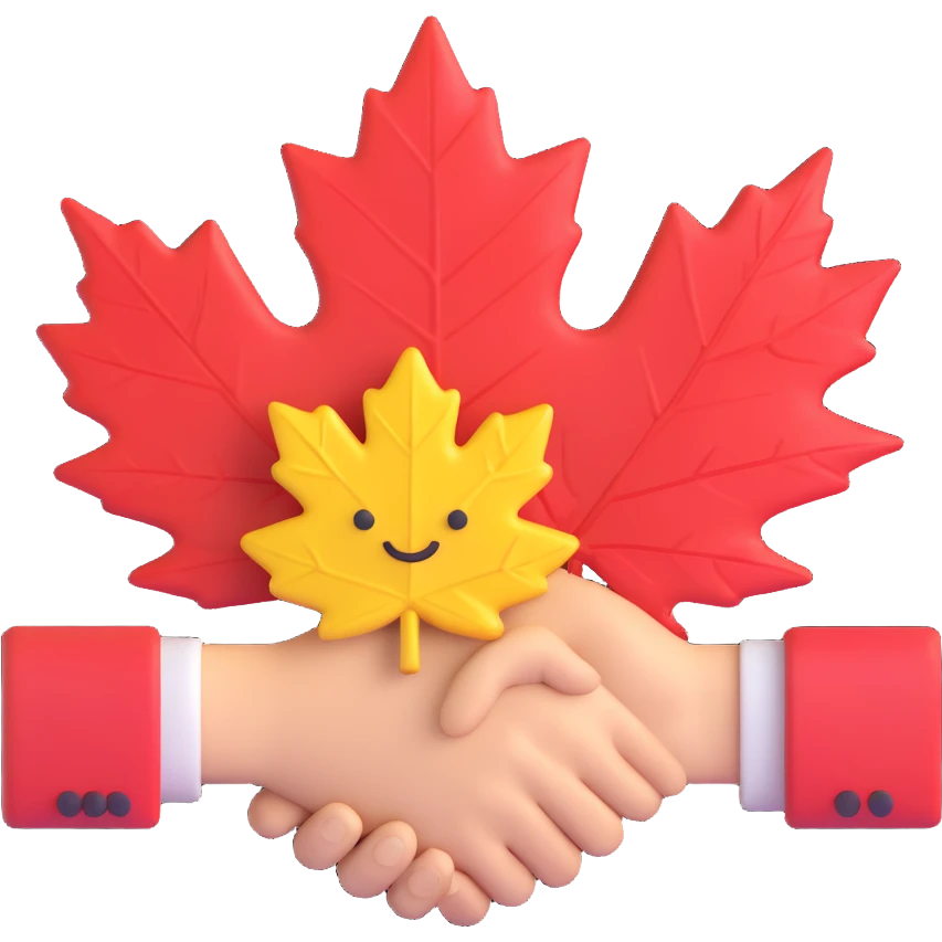 emblem representing a Canadian union, featuring a maple leaf and handshake, 3D emoji style emoji
