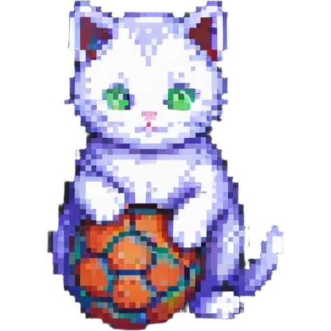 a small cat with a colorful ball, pixel art style emoji