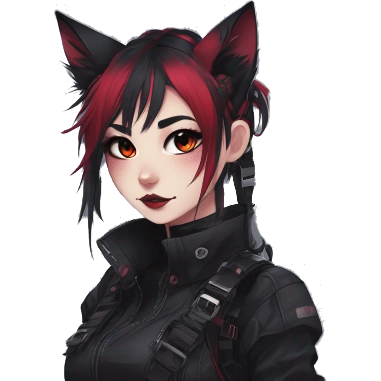 Gorgeous gothic dark techwear anime style anthro cat furry sona with blushing face aesthetic and pretty edgy black red punk messy ponytail hair with collar and harness trending style emoji