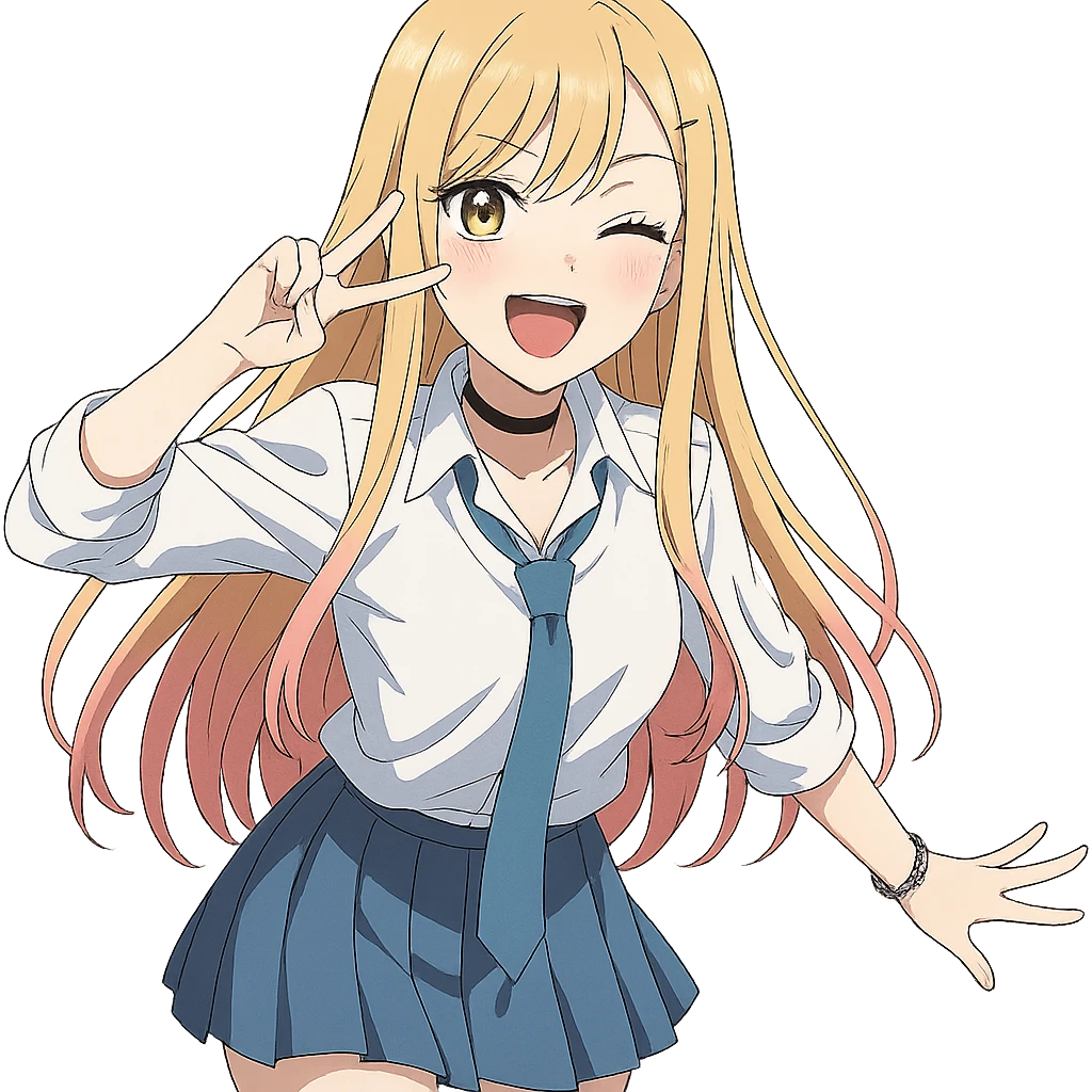 Marin Kitagawa, playful pose, school uniform, long blonde hair with pink tips, anime illustration emoji