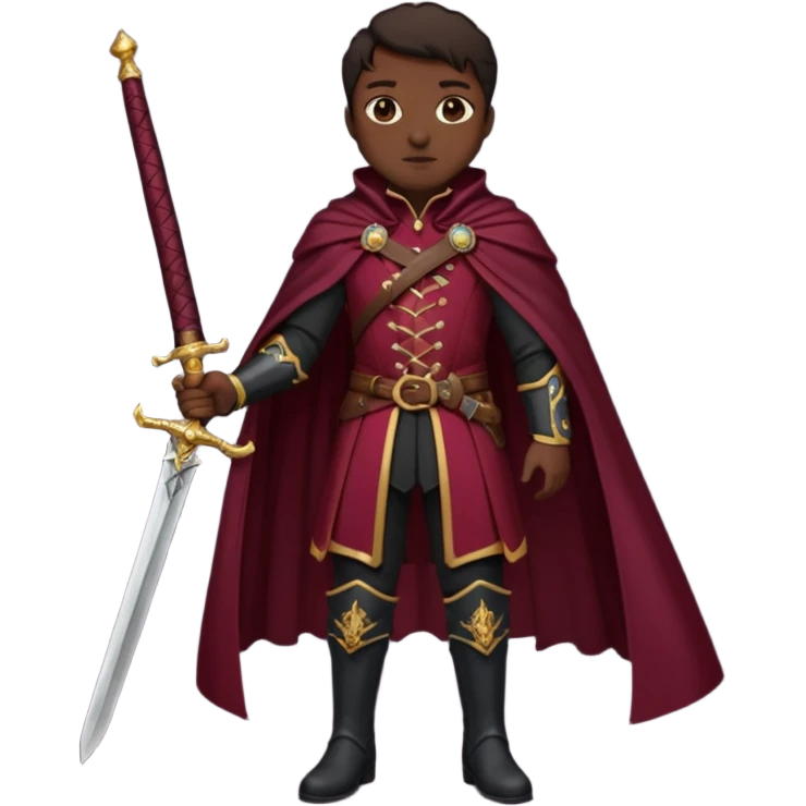 Vestimenta: Ropa de noble — chaqueta ajustada, capa corta, botas altas y espada al cinto. Colores oscuros (rojo vino, negro, granate) emoji