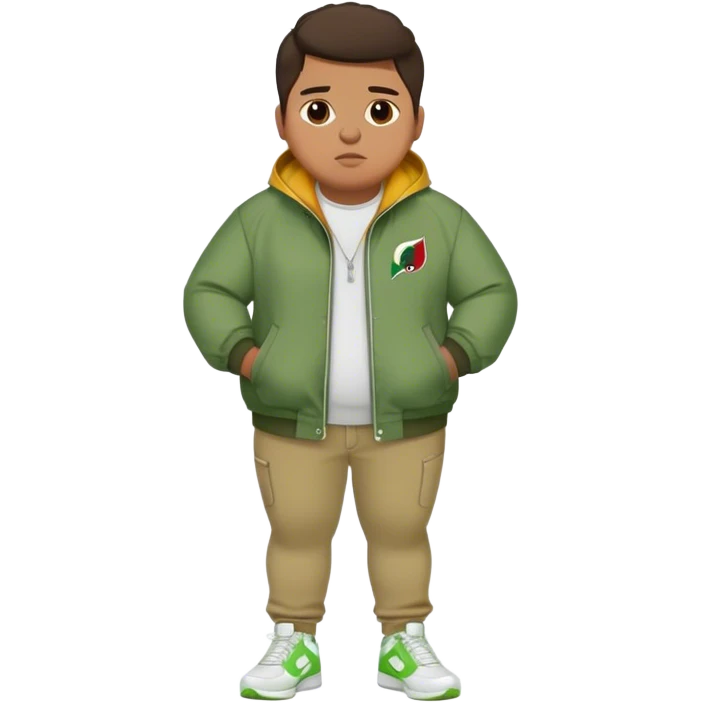 Fat mexican teen with green jacket, skinny khaki jeans, and white nikes emoji