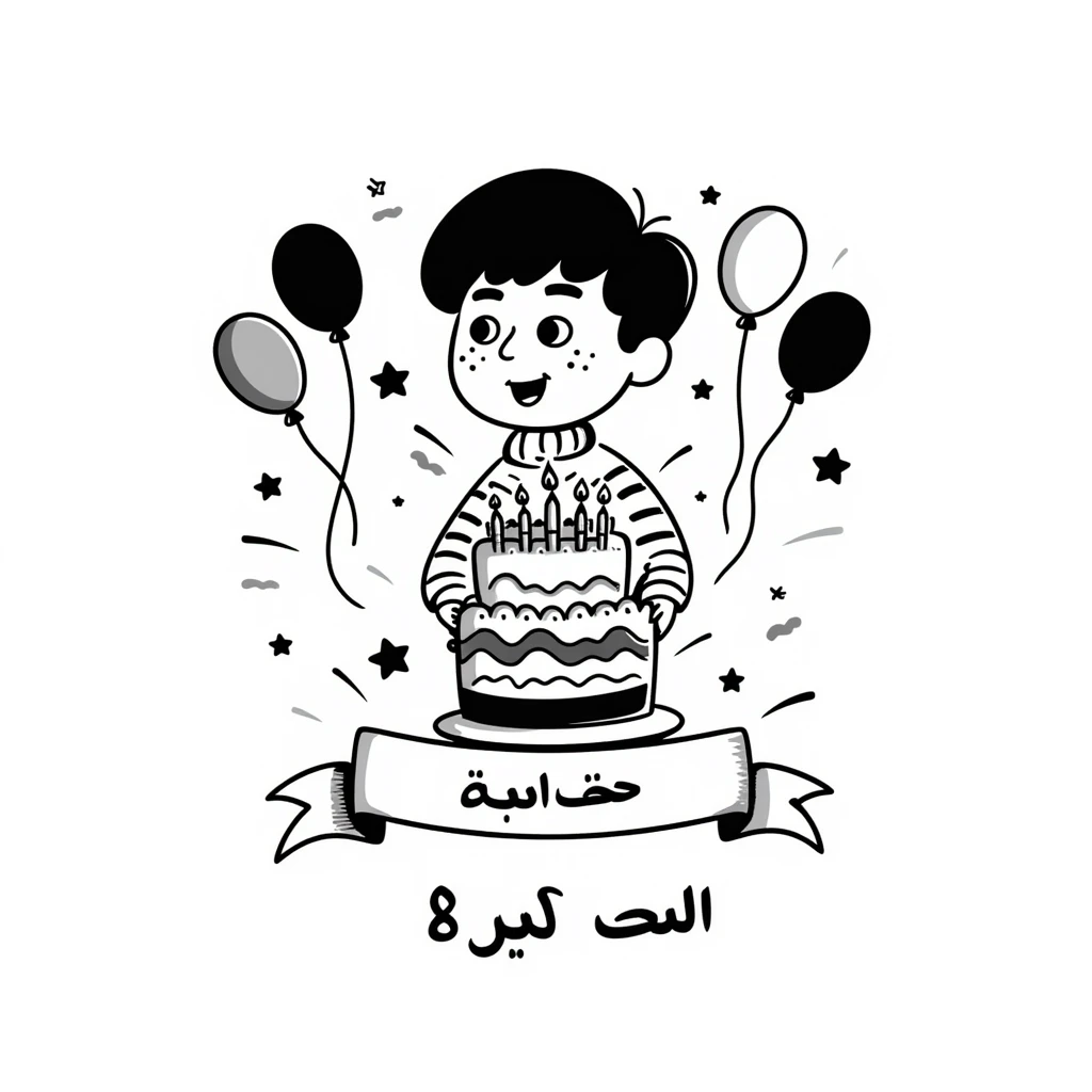 A very colorful, vibrant illustration of a happy little boy celebrating with a birthday cake with lit candles, colorful balloons and decorations. Include large, clear Persian text at the bottom that says: "امیدرضا جان تولدت مبارک" emoji
