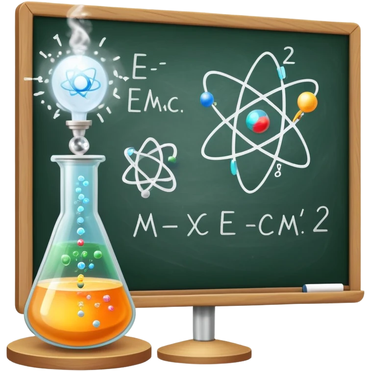 An icon featuring an atom model, a beaker with swirling particles, and a chalkboard with E=mc², symbolizing physics. The design includes a magnet, a pendulum, and a prism splitting light, representing the study of matter, energy, and natural laws. Transparent background emoji