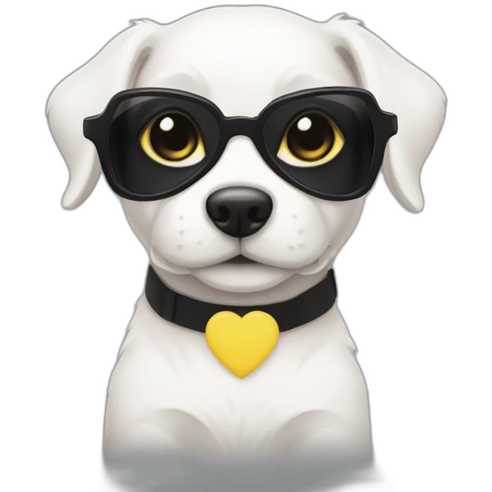 completely white puppy in yellow square glasses with a black dress emoji