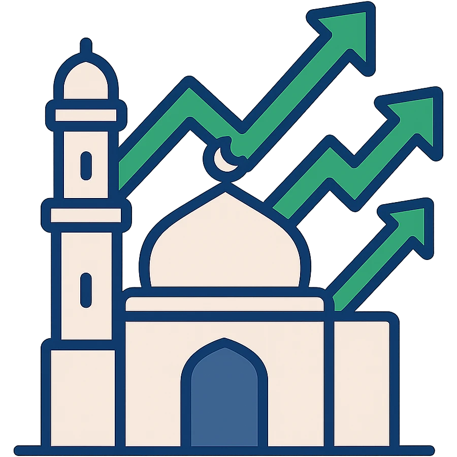 mosque silhouette with green upward stock arrows, flat modern style, Middle Eastern trading theme emoji