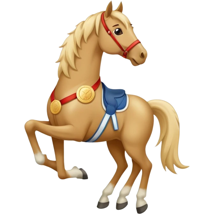 friendly anthropomorphised horse in jeans and a t-shirt, wearing a gold medal emoji