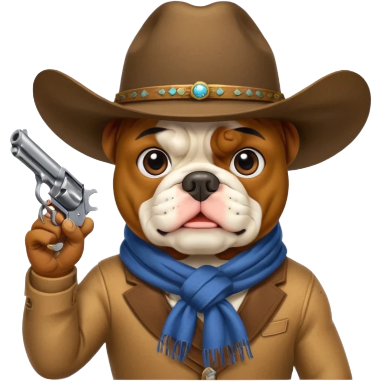 A bulldog wearing a cowboy hat, covering his face with a scarf so he wouldn't be recognized, pointing a revolver at you, telling you to hand over your money. emoji