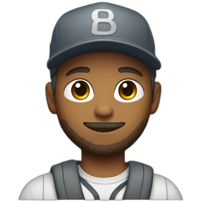 a young man with a short beard and a snapback hat holding a big grey cat emoji