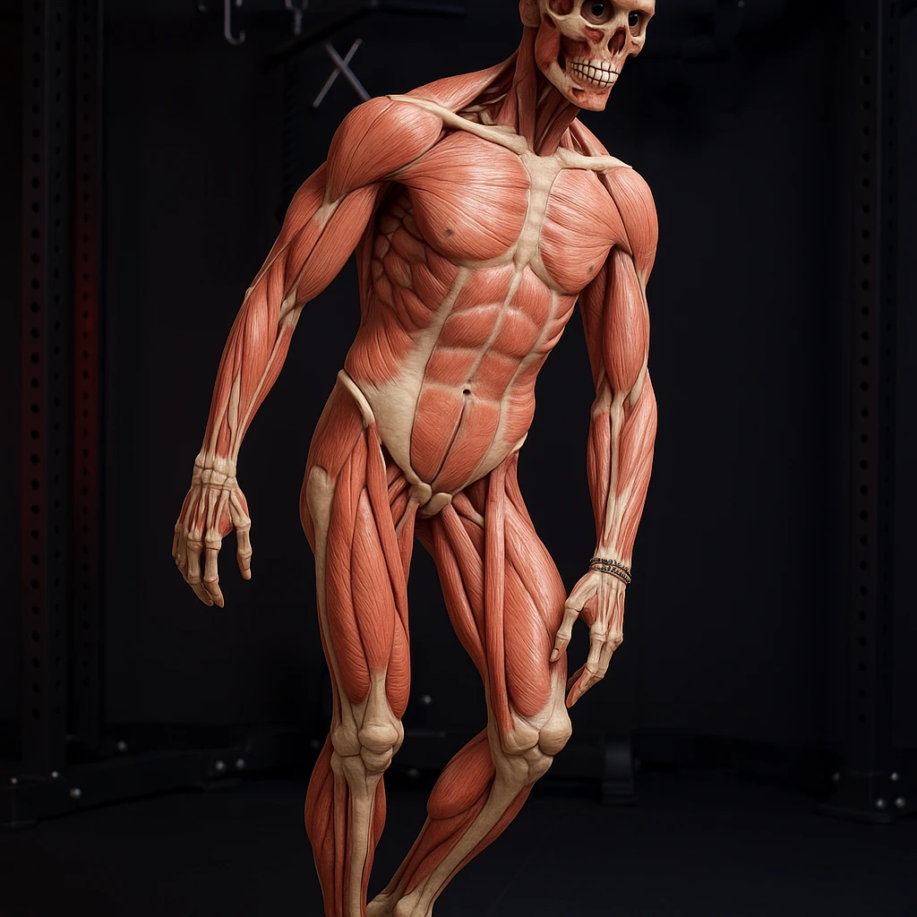 Hyperrealistic anatomical view of the same pose: tilted pelvis, valgus knee, pronated foot, with detailed visible bones and muscles, gym environment, 4K quality. Variant 6: view slightly rotated by 30 degrees. emoji