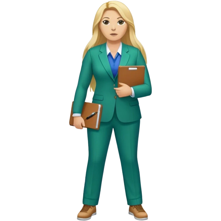 Full Body white plus size female basketball head coach using a clipboard with long blonde hair in a blue and green suit emoji