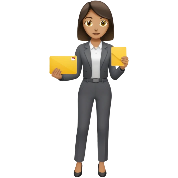 Woman in dark grey trousers holding a yellow card in one hand emoji