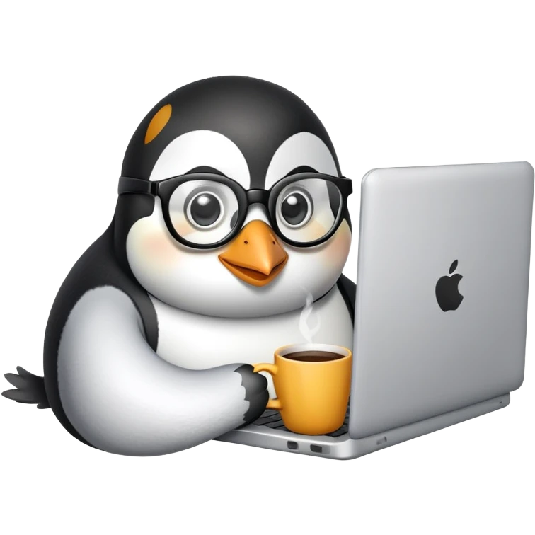 penguin using a laptop and holding a coffee mug emoji