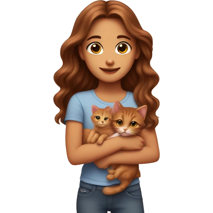 A girl with long wavy brown hair and brown eyes holds a small red kitten emoji