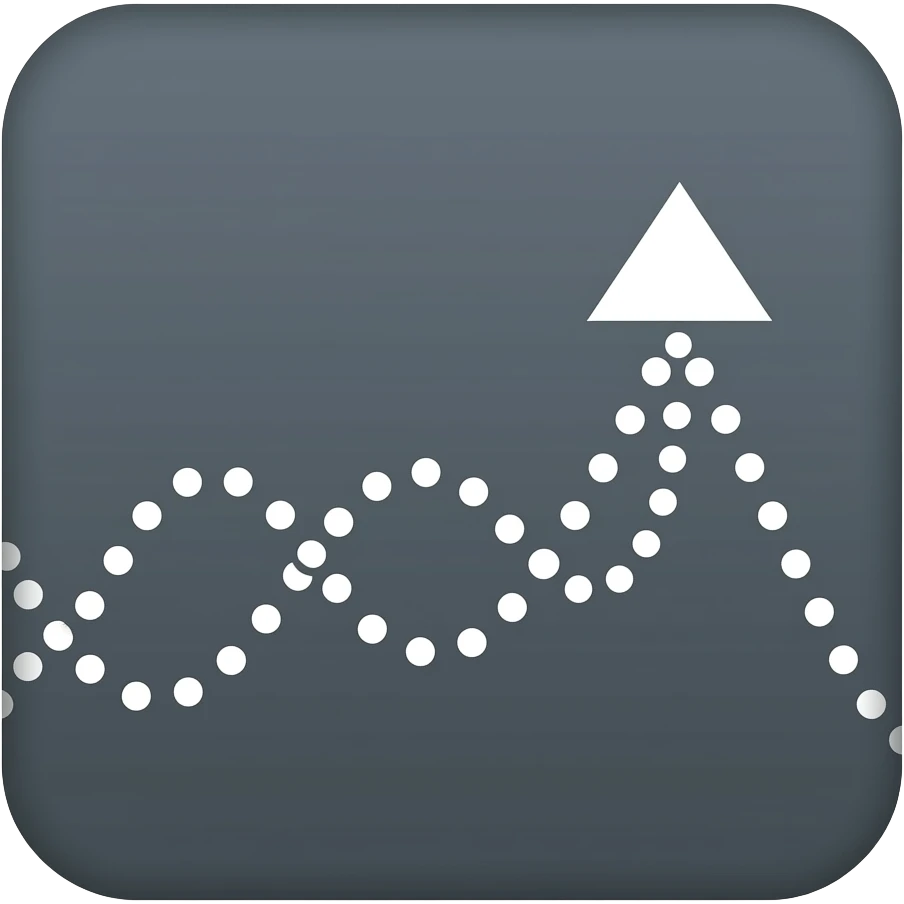 Flecha blanca de puntos uniformes sobre fondo gris oscuro mate. Trayectoria ondulada que forma una curva de valle y luego un pico. Termina a la derecha con una punta triangular sólida y blanca minimalista emoji
