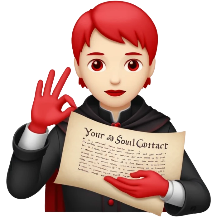 Minimalist emoji-style sticker of a pale hand signing a parchment contract titled “YOUR SOUL” in gothic font, muted red ink, grayscale background emoji