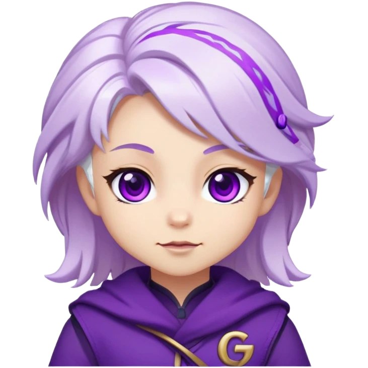 Chibi Sable Ward with playful wink, white hair with purple streaks, fully purple eyes, with small GG text appearing beside her emoji