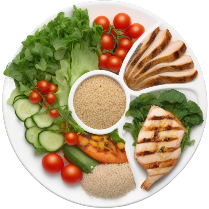 a large white round plate of realistic healthy food emoji
