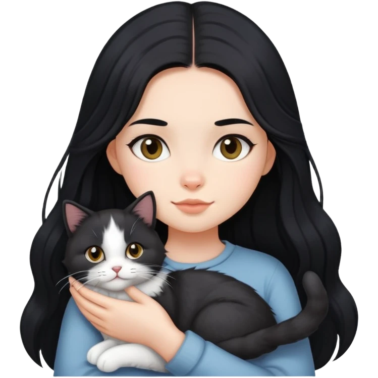A girl with long black hair holding a Devon cat emoji
