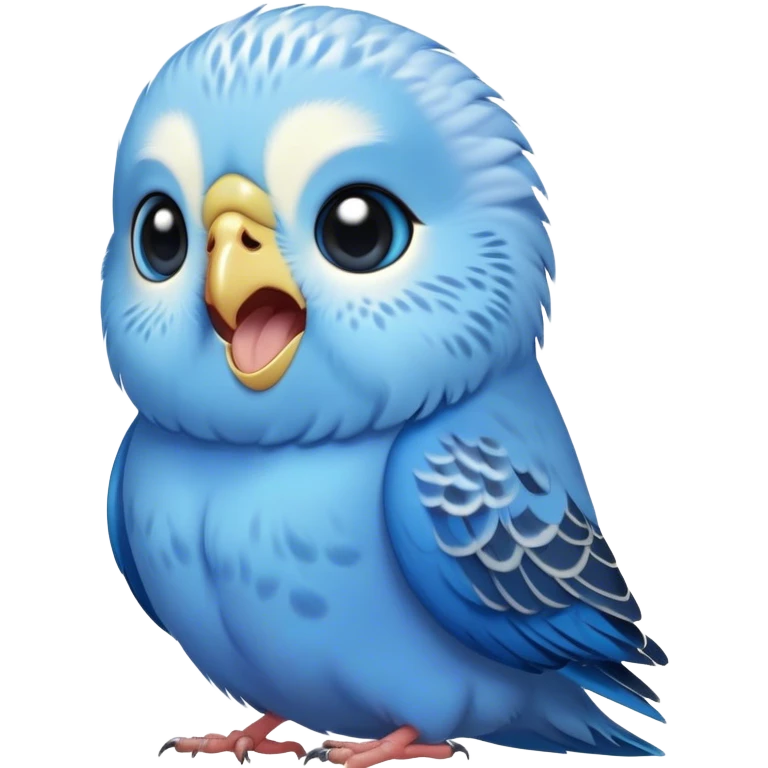 Cinematic Cute Yawning Blue Budgie Portrait Emoji, Head tilted slightly with a dramatic, wide-open yawn, showcasing a soft, downy blue feathered fur with gently drooping wings, round dark eyes barely open in drowsy contentment, Simplified yet irresistibly adorable features, highly detailed, glowing with a soft, cozy glow, high shine, relaxed yet expressive, stylized with a touch of whimsy, bright and endearing, soft glowing outline, capturing the essence of a sleepy yet affectionate budgie, so drowsy it feels like it could stretch out of the screen and curl up for a nap! emoji