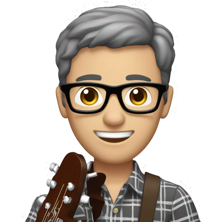 A male music teacher with short grey and brown hair, with very light stubble,  black rectangle glasses, wearing a short sleeve button up patterned shirt, larger muscular body type, playing a guitar emoji