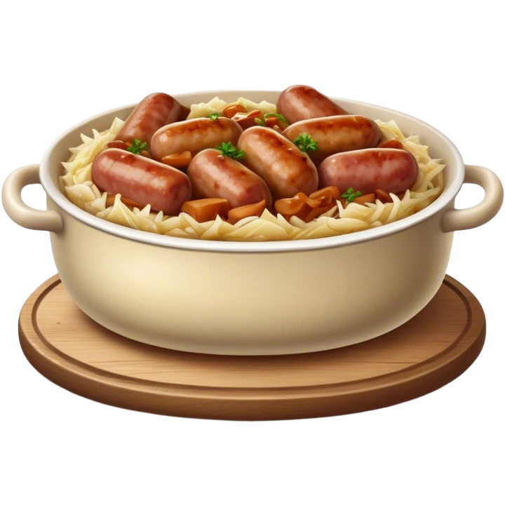 Cinematic Realistic Bigos Dish Emoji, showcasing a hearty stew of sauerkraut and meats rendered with rich textures and dynamic, rustic lighting. emoji