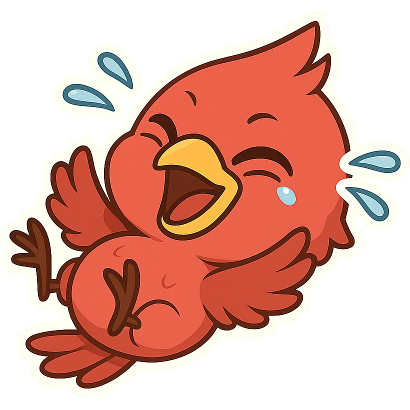 Chibi male red cardinal rolling on his back laughing uncontrollably, wings in the air, eyes squeezed shut, tears flying emoji