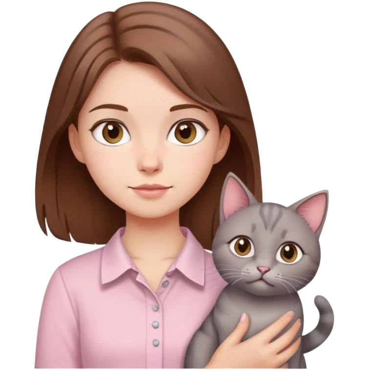 cô gái da trắng tóc nâu dễ thương áo hồng kem cùng với con mèo lông xám emoji