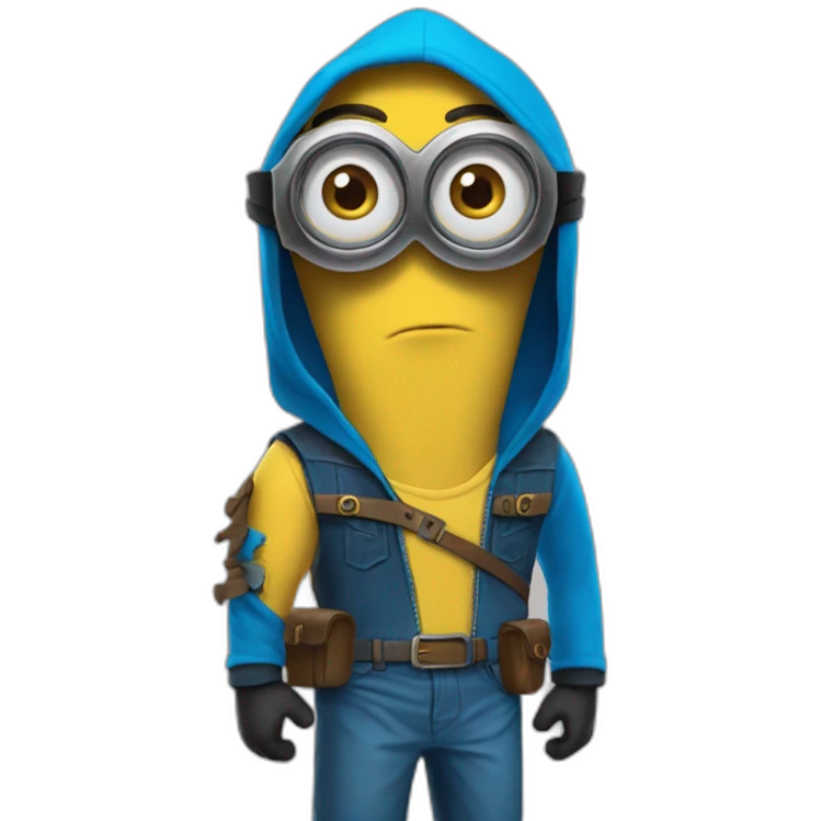 minion blue hood blue shirt gray pants with gold insert belt leather shoes black mask three stripes claw marks glasses angry glance emoji