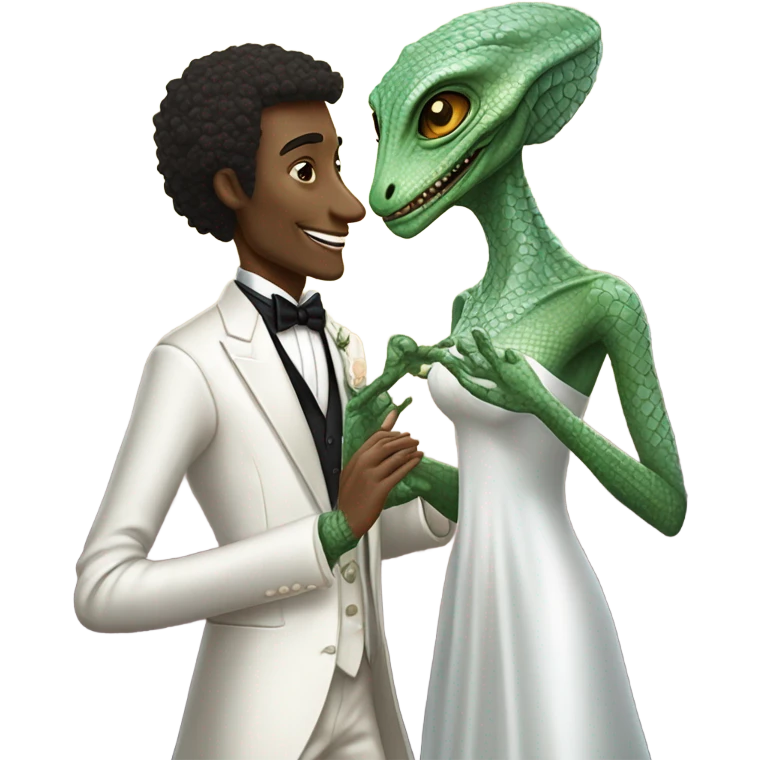 Alien reprilian woman in wedding dress and one humman man in a tuxedo holding hands getting married emoji