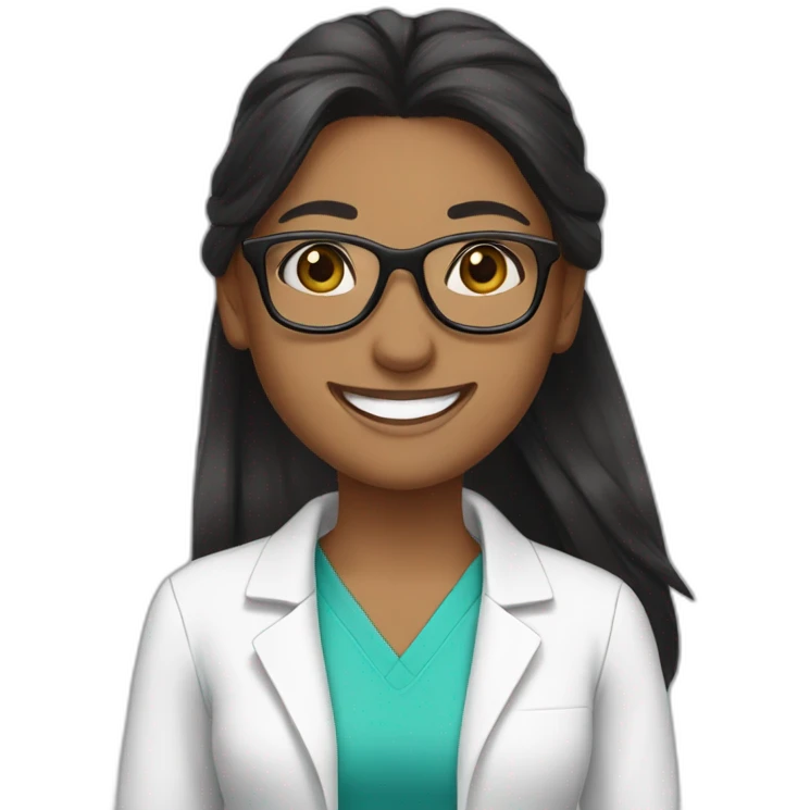 Pharmacist brown skin, long straight pony tail black hair, glasses and a big smile, femail emoji