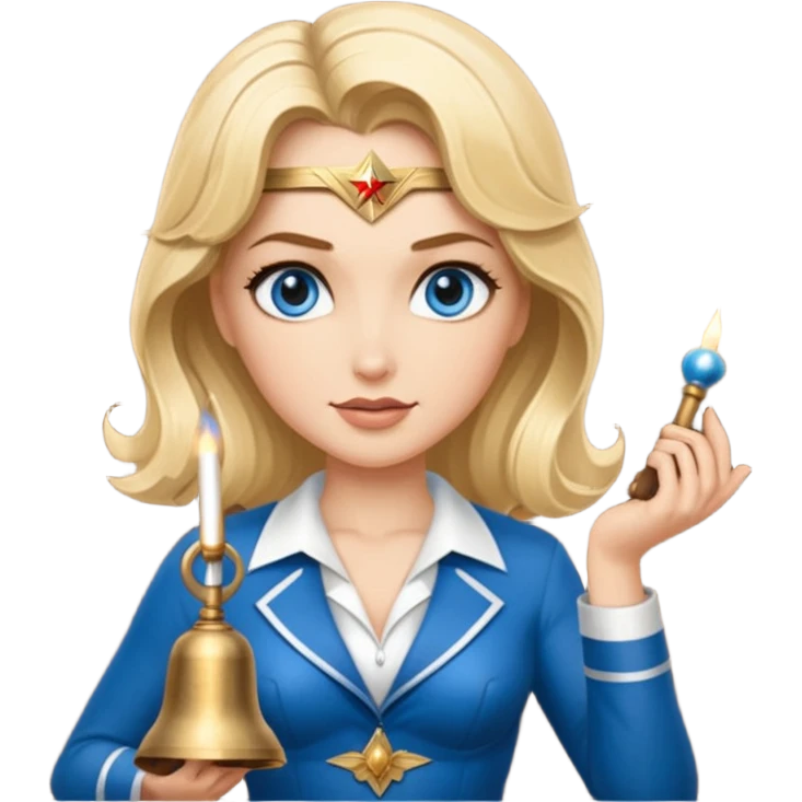 Blonde blue eyes Wonder Woman holding bell and short white orchestra conductor’s baton  emoji