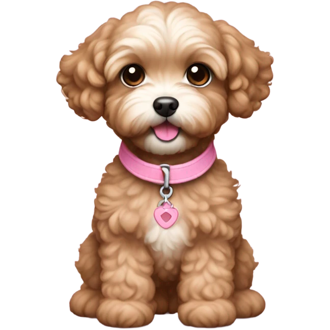 Brown colored maltipoo puppy feminine with pink collar emoji