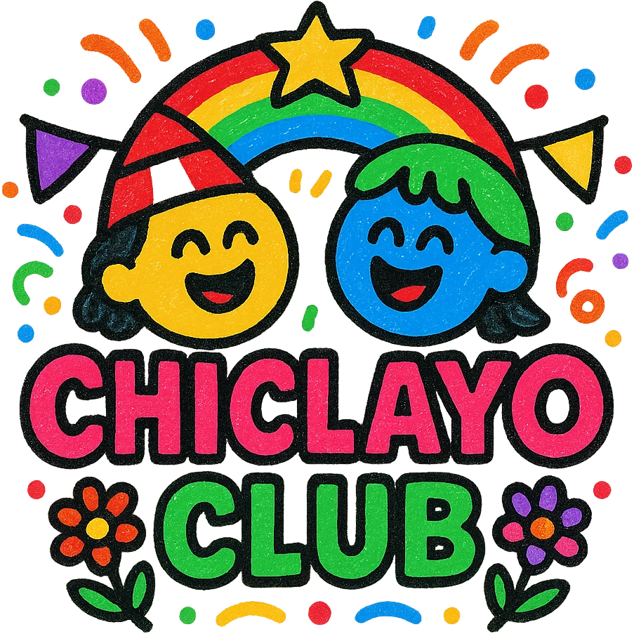vibrant colorful logo for 'Chiclayo Club' using Peruvian colors red white yellow green blue purple, conveying friendship and joy, playful festive elements, welcoming energetic vibe, text 'Chiclayo Club' in friendly bold font emoji