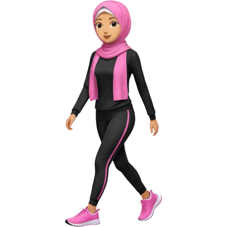 tan skin, hijabi young women in pink hijab, going for walk in black active wear clothing full body, walking  emoji
