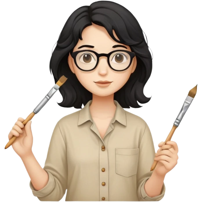 Artist with wavy black hair, round glasses, beige painter's shirt, square paintbrush in hand emoji