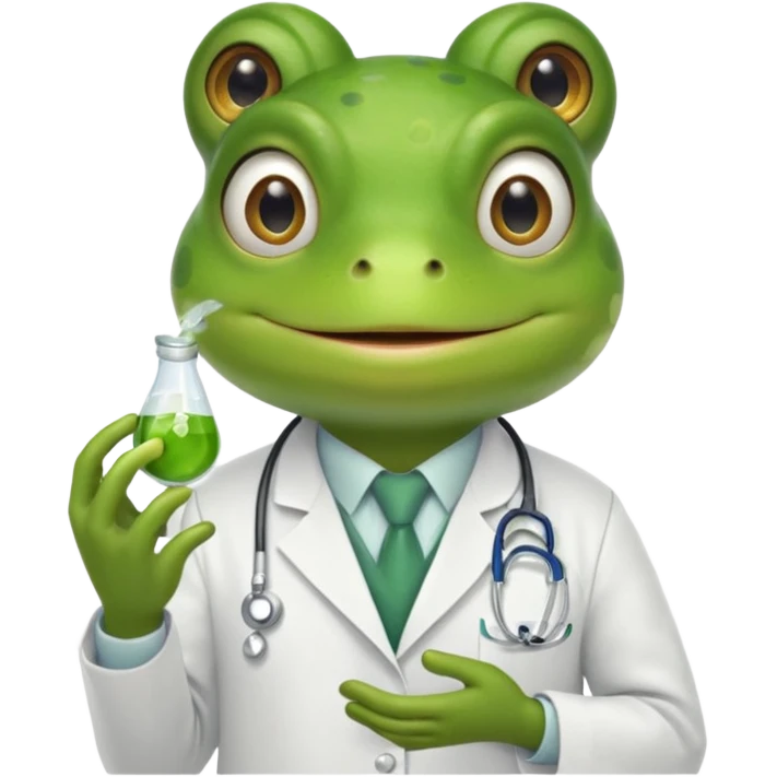 A frog in a doctor’s coat, happily examining a patient, portrait emoji