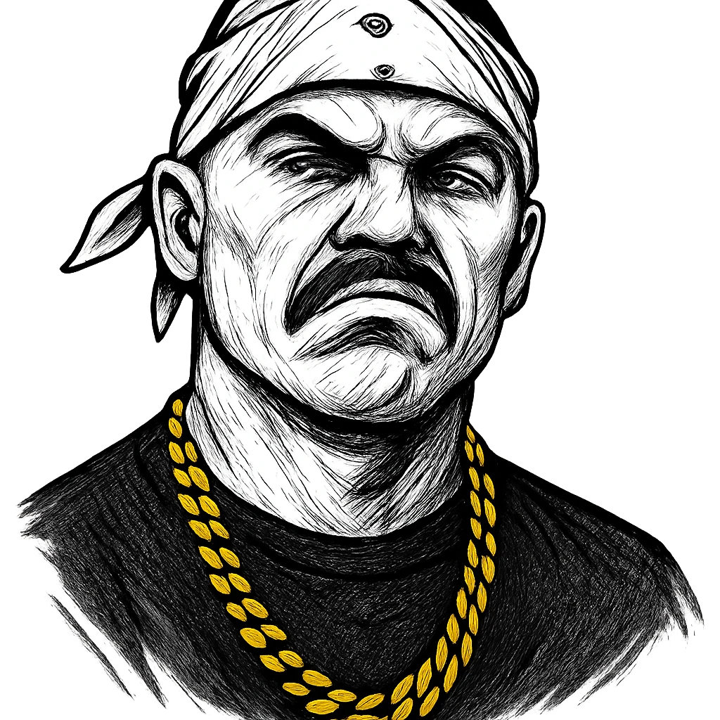 gangsta style face, white skin, gold necklace, mustache, white bandana, attitude emoji