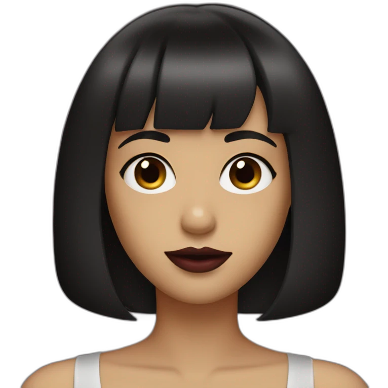a girl with a dark bob and bangs, burgundy lips. emoji