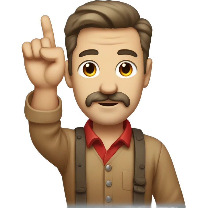 austrian painter with small square mustache and side swept flat hair wearing a light brown shirt with a red bad on one of his arms raising a hand emoji