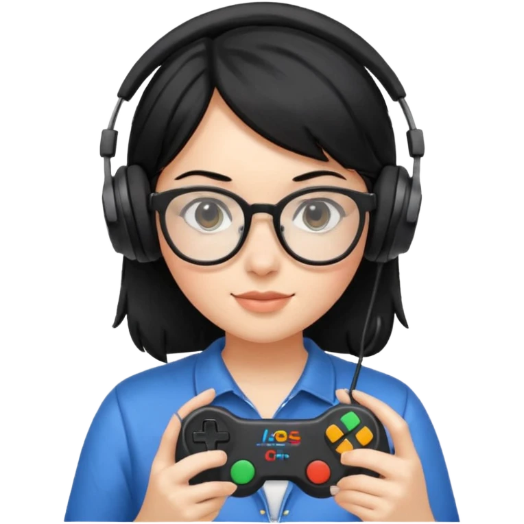 
gamer, black hair girl with glasses, headphone, gamepad emoji