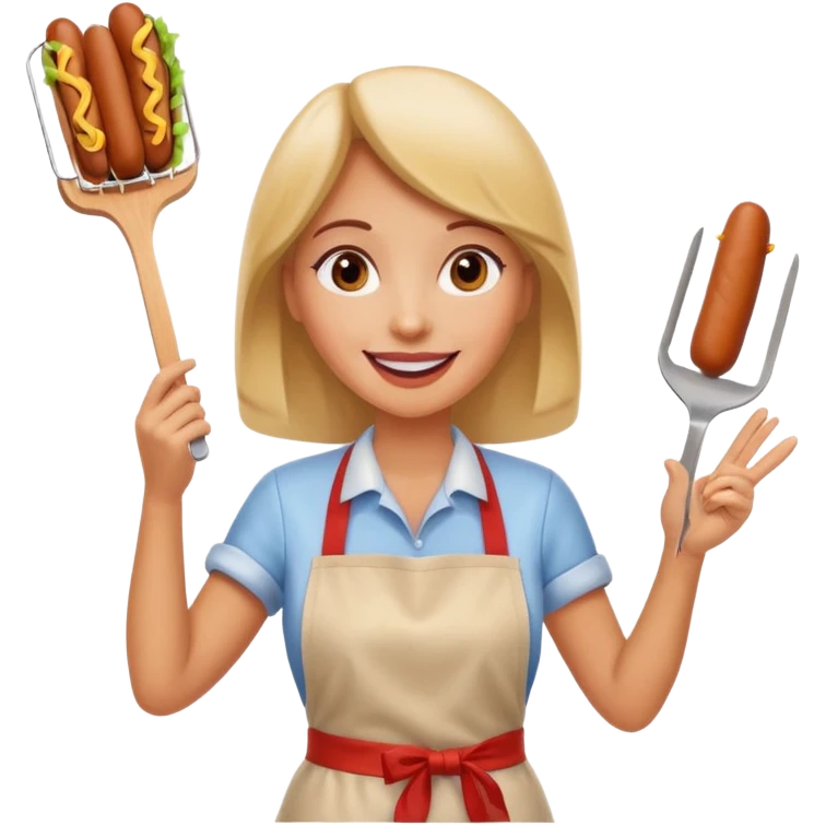 A cheerful woman selling hotdogs, waving a tongs in one hand. emoji