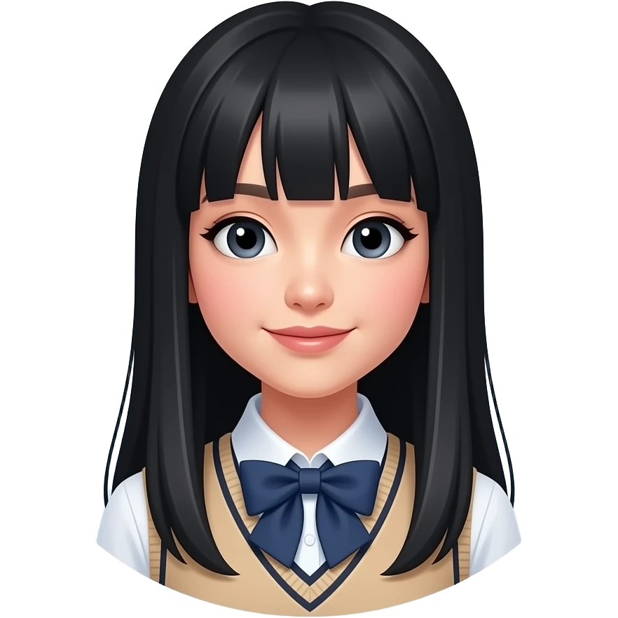 trendy schoolgirl with Asian skin, straight black long hair, chic uniform, speach bubble emoji