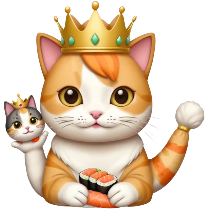 princess cat eating sushi, playful, small crown, holding sushi, emoji style emoji