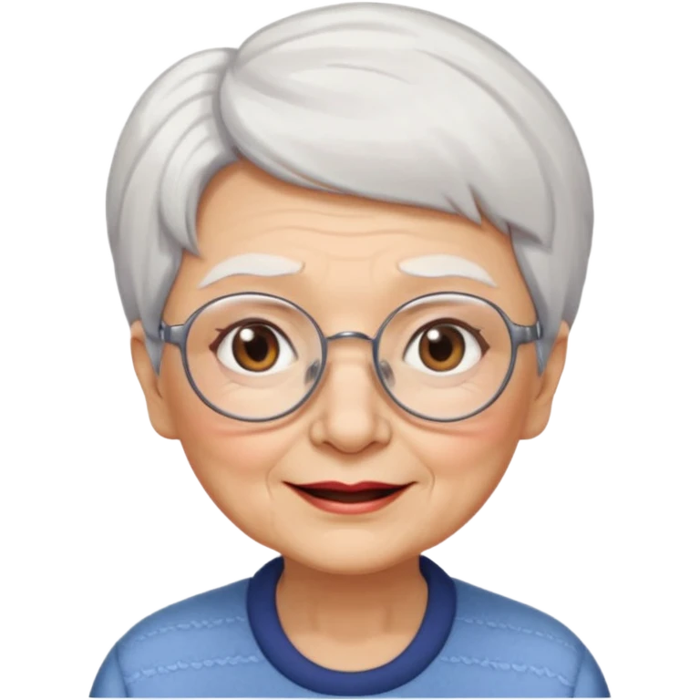 Create me emoji of an old lady. Short white hair to left side. Square glasses. Brown eyes. Rounded really big and wide face. Wide nose. Big mounth emoji