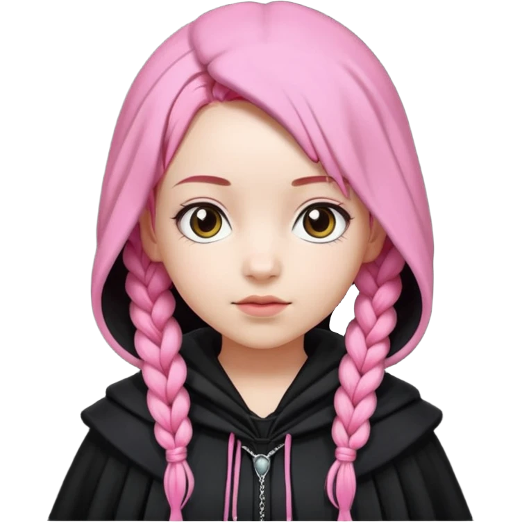 pink braids hair kid girl, white skin, wear black cloak emoji